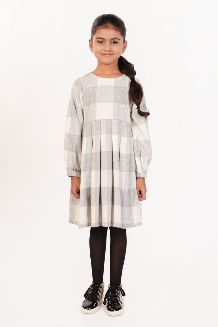 White Grey Checked Star Print Full Sleeves Winter Dress
