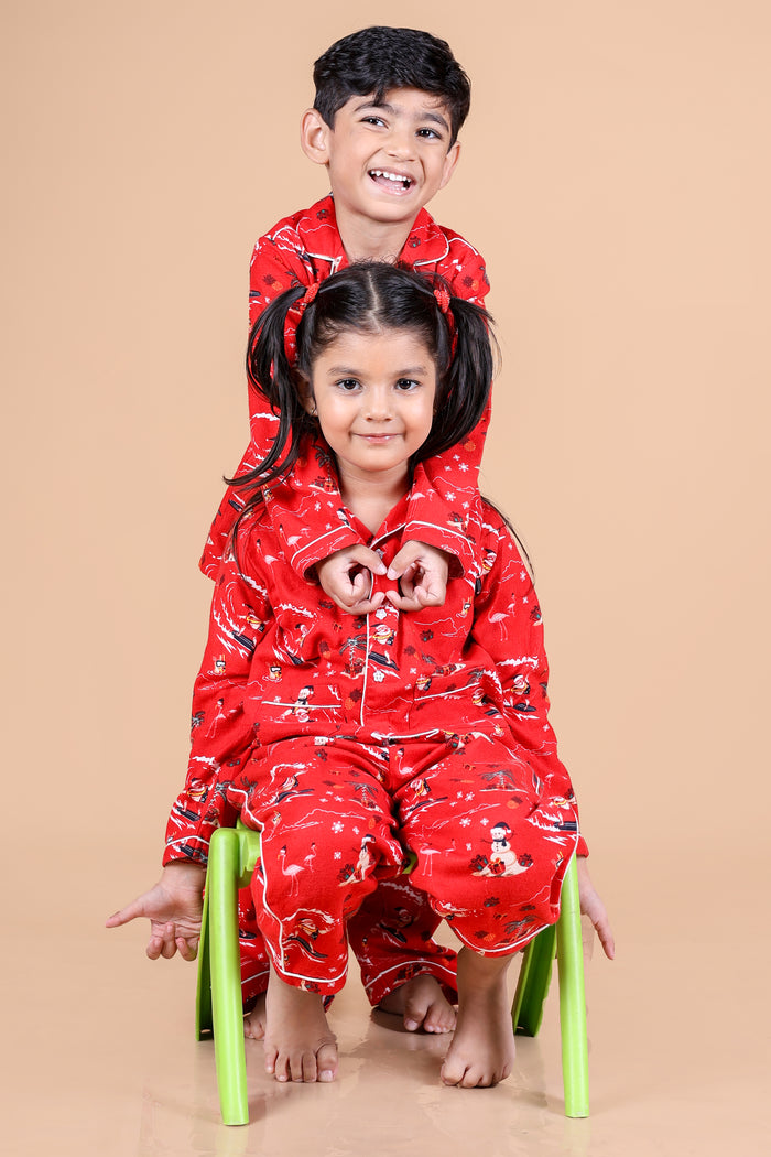 Christmas Character Printed Nightsuit- Red