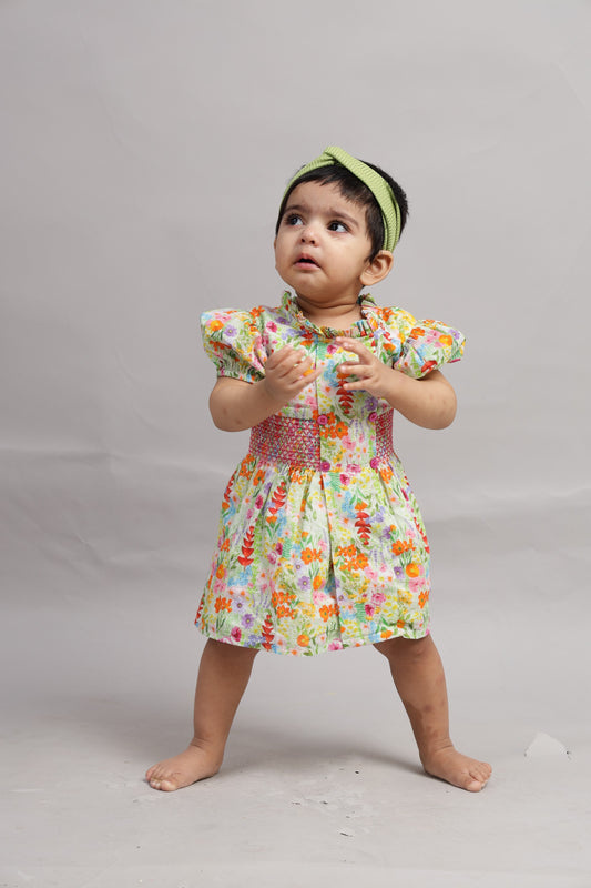 Multicolour Flowered Green Dress