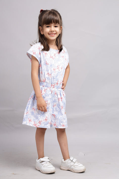 White Base with Blue flowers and Red butterfly printed Playsuit