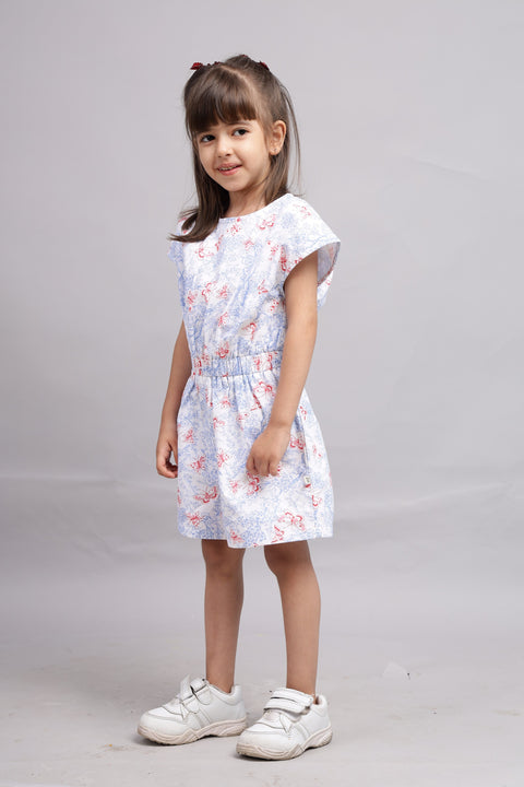 White Base with Blue flowers and Red butterfly printed Playsuit