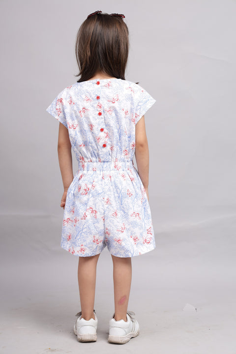 White Base with Blue flowers and Red butterfly printed Playsuit