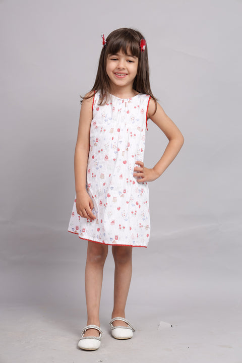 White Dress with Multicolour Digital Print and Pink Border