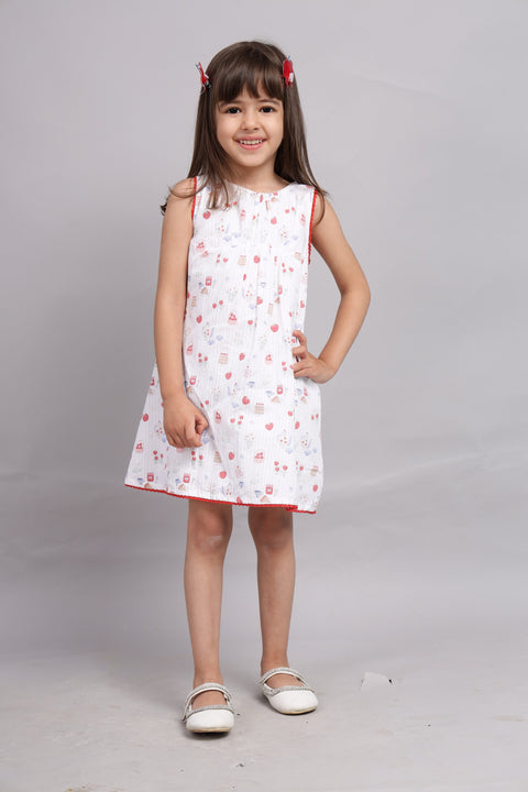 White Dress with Multicolour Digital Print and Pink Border