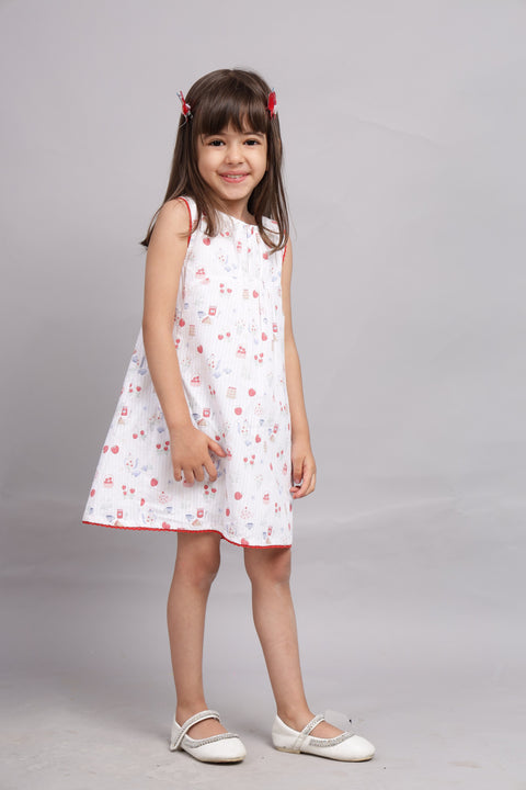 White Dress with Multicolour Digital Print and Pink Border