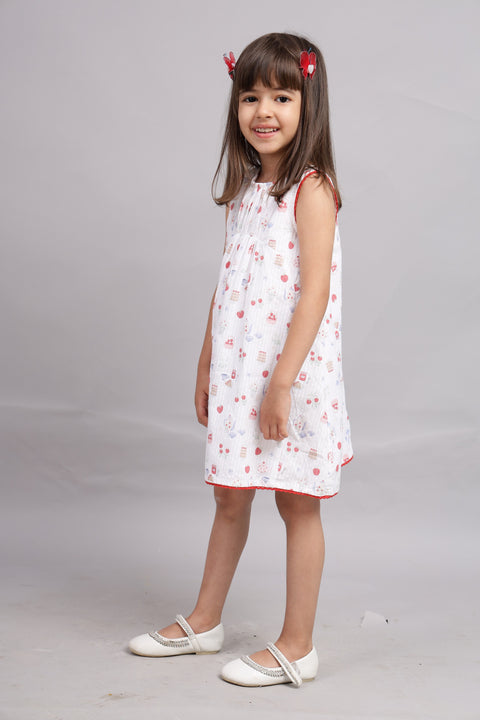 White Dress with Multicolour Digital Print and Pink Border