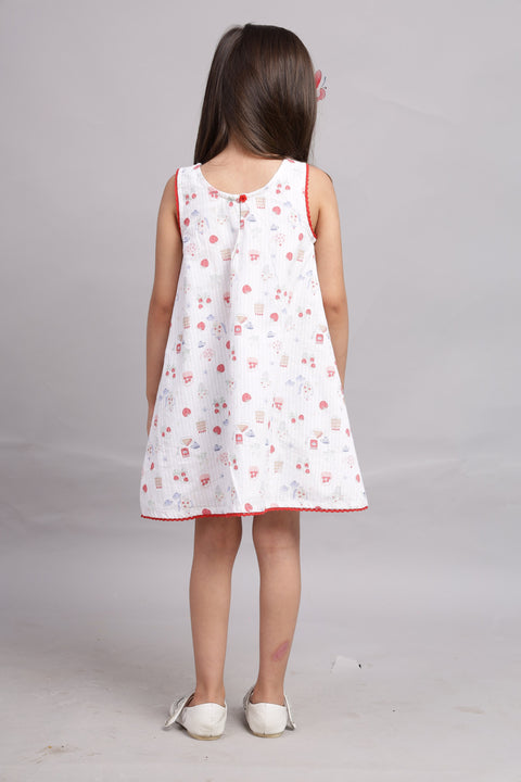 White Dress with Multicolour Digital Print and Pink Border