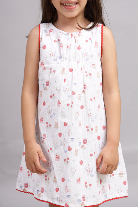 White Dress with Multicolour Digital Print and Pink Border