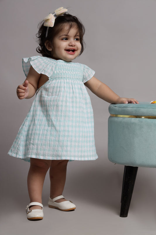 Smoking Check Dress with Bloomer-Blue