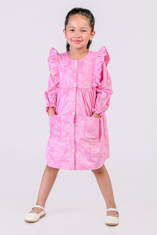 Courdory Pink Printed Full Sleeves Winter Dress