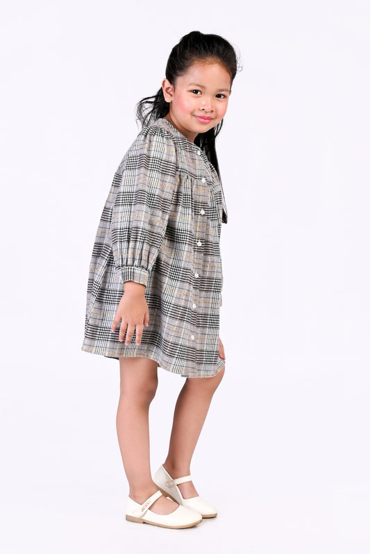 Grey Base Winter Dress with Black White Checks