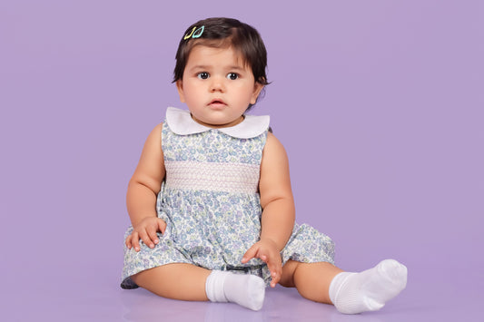 Blue Printed White Dress with Bloomer-Blue