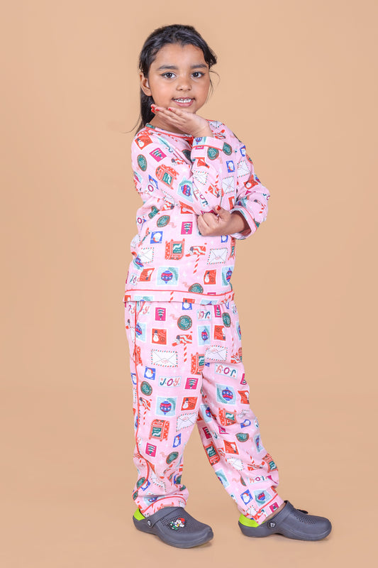 SnowMan Printed Christmas Themed Nightsuit- Pink