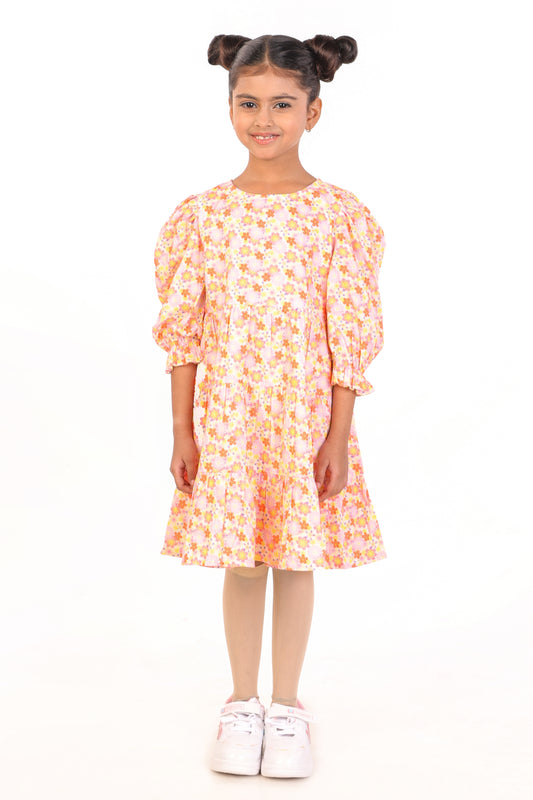 Floral Full Sleeves Orange Dress