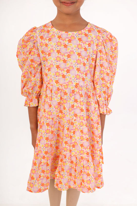 Floral Full Sleeves Orange Dress