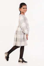 White Grey Checked Star Print Full Sleeves Winter Dress