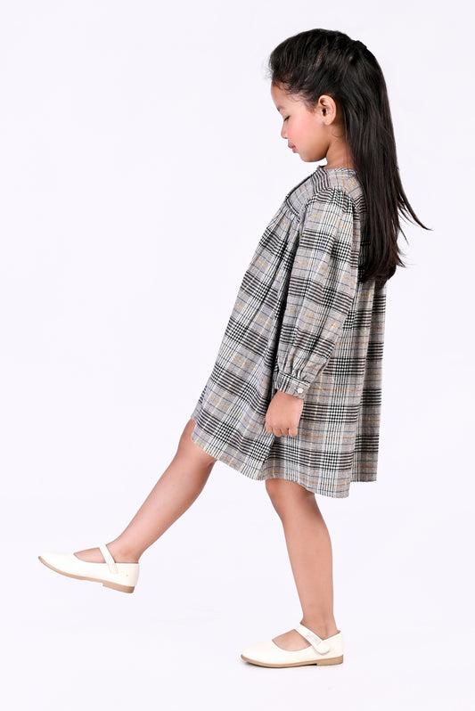 Grey Base Winter Dress with Black White Checks