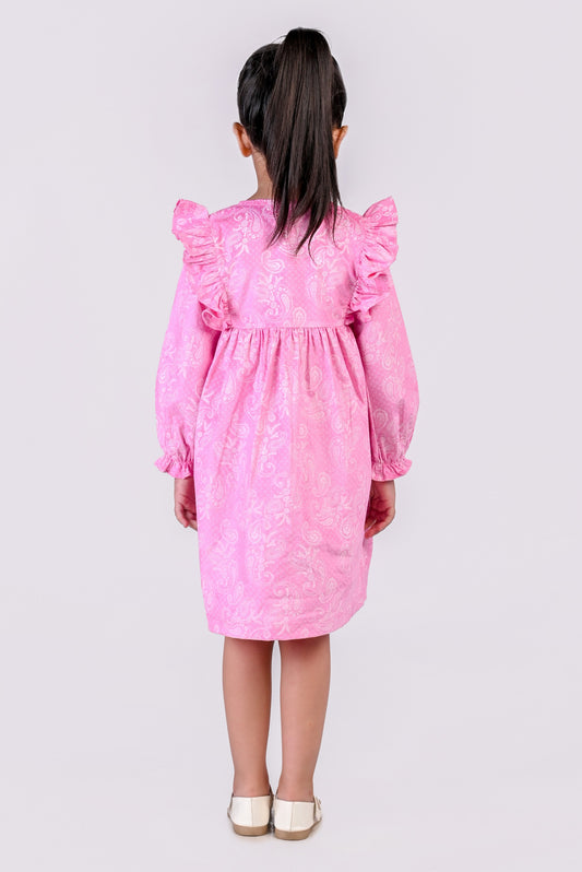 Courdory Pink Printed Full Sleeves Winter Dress
