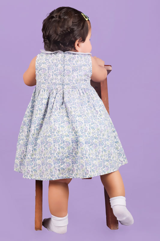 Blue Printed White Dress with Bloomer-Blue