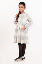 White Grey Checked Star Print Full Sleeves Winter Dress