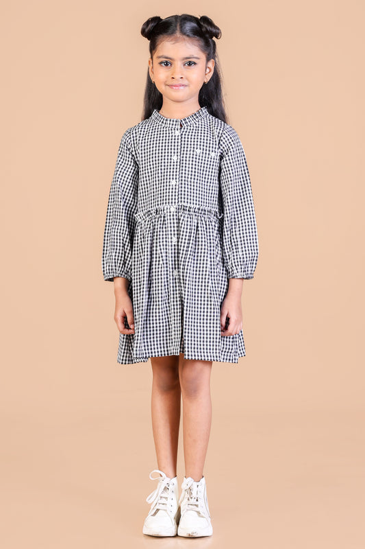 Full Sleeves Black White Check Winter Dress