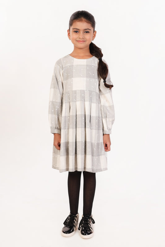 White Grey Checked Star Print Full Sleeves Winter Dress