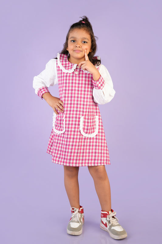 Pink Check Dress with Front Pockets