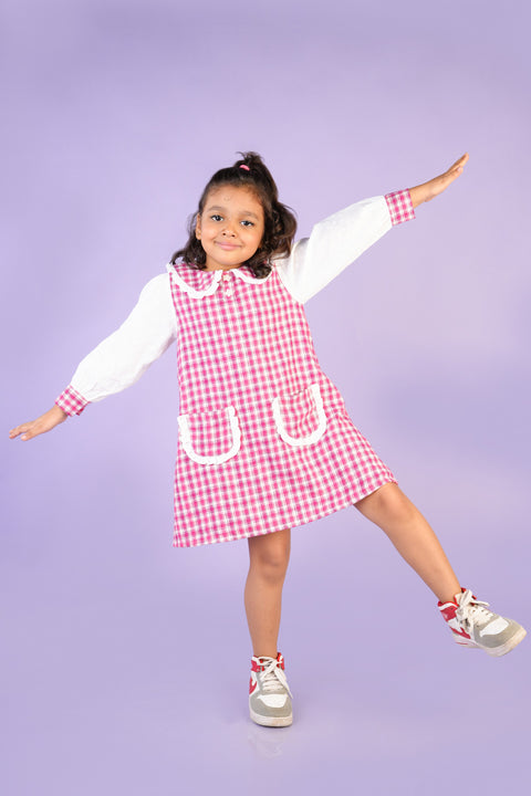 Pink Check Dress with Front Pockets
