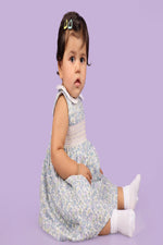 Blue Printed White Dress with Bloomer-Blue