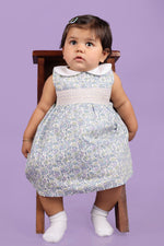 Blue Printed White Dress with Bloomer-Blue