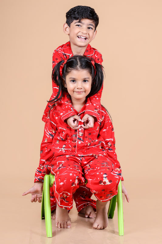 Christmas Character Printed Nightsuit- Red