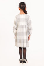 White Grey Checked Star Print Full Sleeves Winter Dress