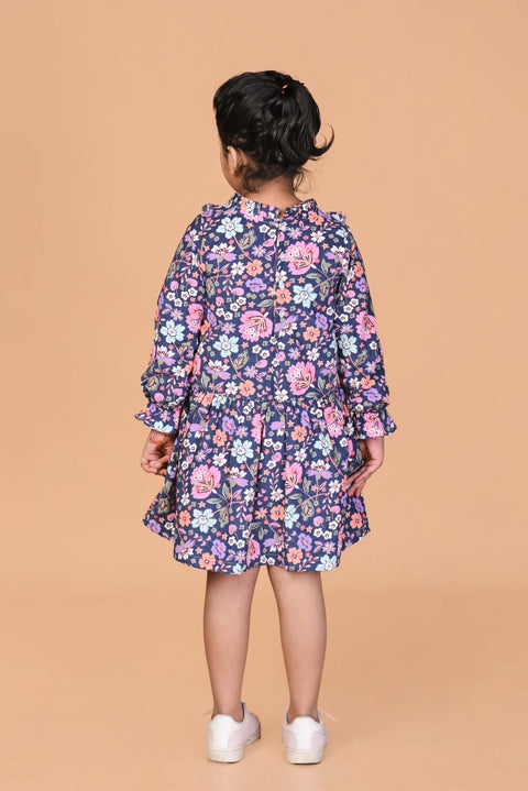 Beautiful Printed Winter Dress- Navy Blue