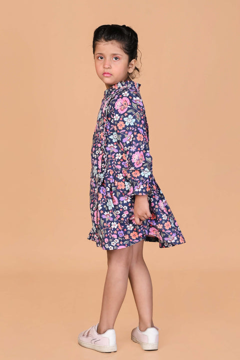 Beautiful Printed Winter Dress- Navy Blue