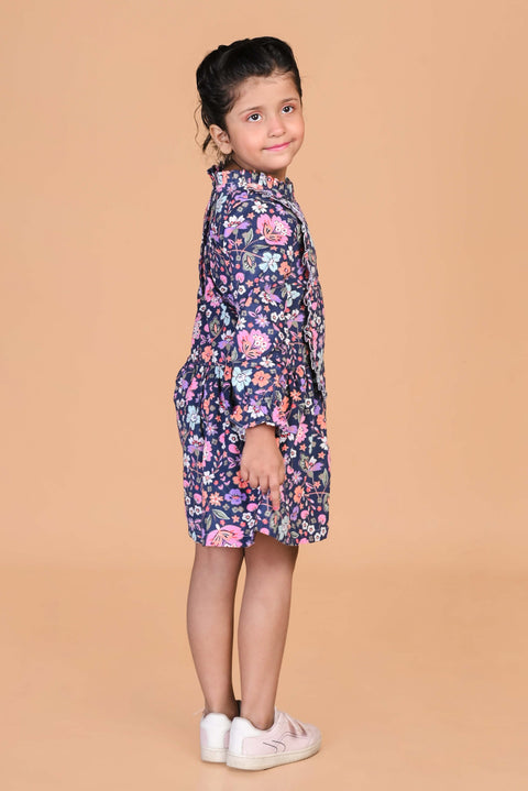 Beautiful Printed Winter Dress- Navy Blue
