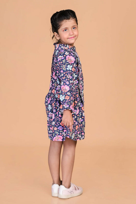 Beautiful Printed Winter Dress- Navy Blue
