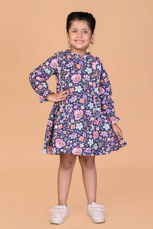 Beautiful Printed Winter Dress- Navy Blue